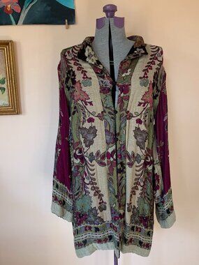 TRAVELSMITH M Duster Jacket Cardigan Pashmina Style Boho Floral Jacquard Lightwt